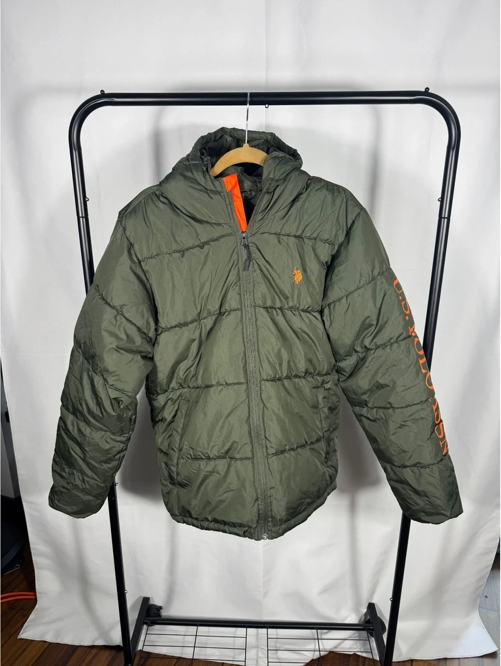 U.S. Polo Assn. Men's Olive Green Puffer Jacket with Hood, Medium